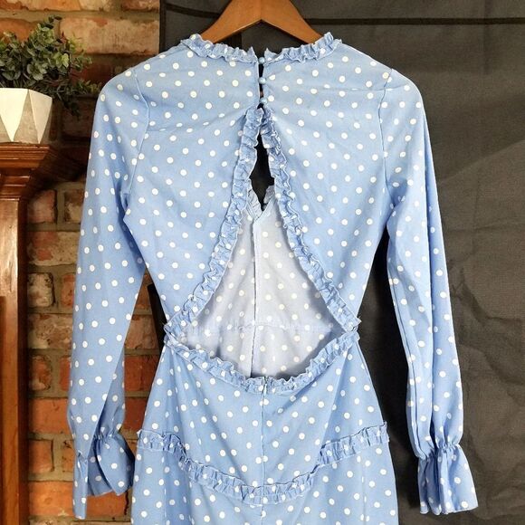 NWT NEW Parisian Light Blue Polka Dot Long Sleeve Backless Romper - Picture 9 of 9